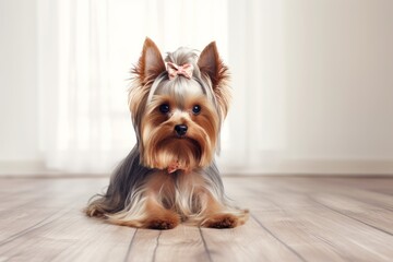 Photo of an endearing Yorkshire Terrier with a silky mane against a clean white table. Generative AI