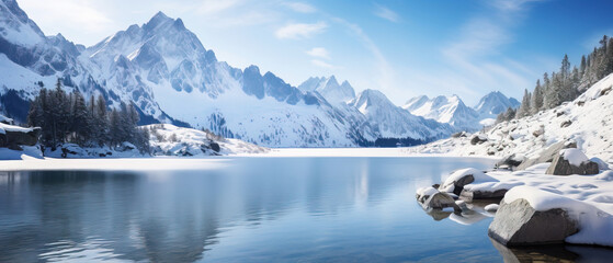 winter landscape frozen lake in the mountains, reflection  - obrazy, fototapety, plakaty