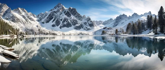Tuinposter winter landscape frozen lake in the mountains, reflection  © Uwe