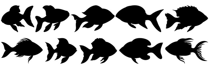 Fish silhouettes set, large pack of vector silhouette design, isolated white background