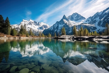 Naklejka na ściany i meble winter landscape frozen lake in the mountains, reflection 