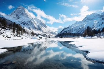 winter landscape frozen lake in the mountains, reflection 