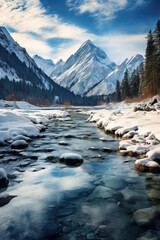 winter landscape frozen lake in the mountains, reflection 