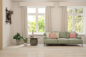 Bright interior design with modern furniture and summer landscape in window. 3D illustration
