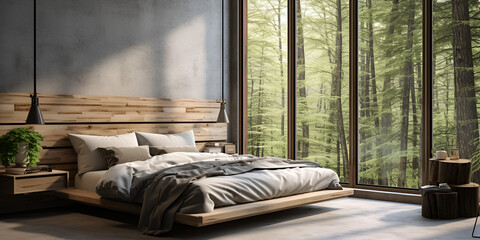 Bedroom decor home interior design contemporary stylish design a room with large glass window and out side green trees and a plant on the bed side Ai Generative
