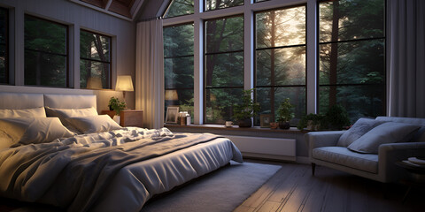 Interior Luxury modern stylish bedroom mock up, Designing the most beautiful with large glass...