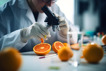 Scientists conducting a research in a state-of-the-art post harvest laboratory in agricultural industry and nanotechnology, using a macro lens to capture intricate details and a modern - obrazy, fototapety, plakaty