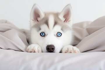 Photo of an expressive Siberian Husky puppy with captivating blue eyes against a pure white sheet. Generative AI