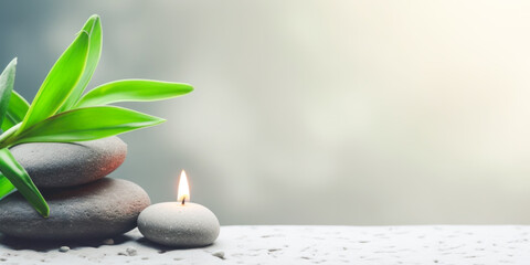 Harmony, healing, spa relax and sustainable grey banner with burning candle, massage stones and green leaves. Concept of relaxing, good health and healthy sleep. Banner size, copy space