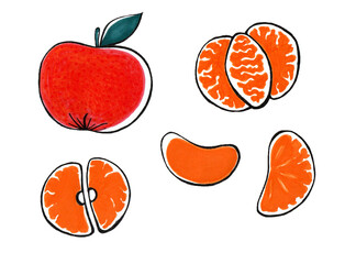 Set of tangerines in different shapes isolated on white background. Whole tangerine with green leaf. Peeled tangerine, different types of slices citrus fruit. Black outline, orange fill, white lines.