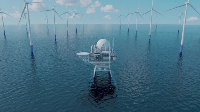 Production of renewable marine energy based on hydrogen. Production of hydrogen by electrolysis from electricity generated by wind farms. 3d rendering