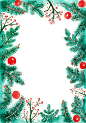 A frame made of different branches of Christmas tree, pine and other coniferous trees. Christmas decorations red balls. Branches with red dots. White space for text. Watercolor blur. Turquoise, green.