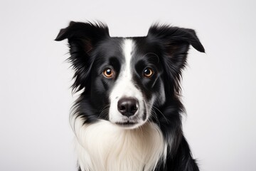 Photo of an intelligent Border Collie with a focused expression on a clean white countertop. Generative AI