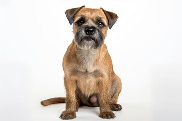 Photo of an intelligent Border Terrier in an attentive pose on a clean white countertop. Generative AI - obrazy, fototapety, plakaty