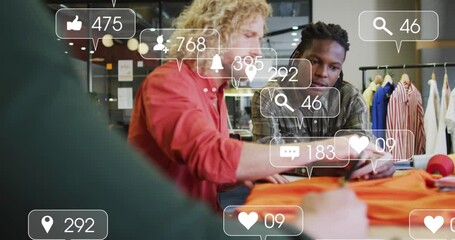 Animation of notification bars over diverse designers discussing about clothes designs - Powered by Adobe