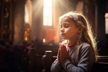a little girl praying in a church, showing her faith in god and Jesus - Powered by Adobe