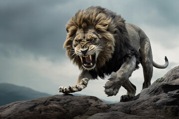 The lion ran to pounce on its prey on a rocky hill