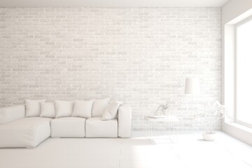 Grey living room concept with brick wall with sofa. 3D illustration