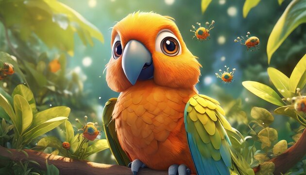3D render bright orange parrot, adorable big eyes, in a garden with bugs, lush greenery