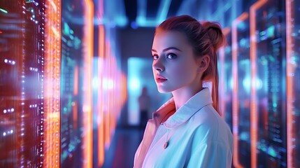 a young woman with contemplative gaze, holographic interface, neon lighting, combining human and technology, futuristic quantum computer server room, advanced AI research center. generative AI