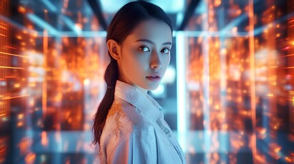 a young woman with contemplative gaze, holographic interface, neon lighting, combining human and technology, futuristic quantum computer server room, advanced AI research center. generative AI
