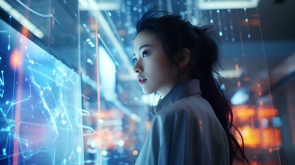 a young woman with contemplative gaze, holographic interface, neon lighting, combining human and technology, futuristic quantum computer server room, advanced AI research center. generative AI