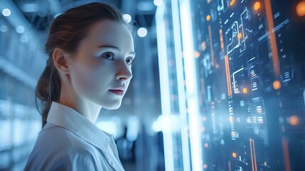 a young woman with contemplative gaze, holographic interface, neon lighting, combining human and technology, futuristic quantum computer server room, advanced AI research center. generative AI