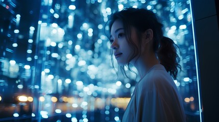 a young woman with contemplative gaze, holographic interface, neon lighting, combining human and technology, futuristic quantum computer server room, advanced AI research center. generative AI