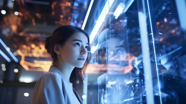 a young woman with contemplative gaze, holographic interface, neon lighting, combining human and technology, futuristic quantum computer server room, advanced AI research center. generative AI