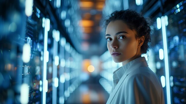 a young woman with contemplative gaze, holographic interface, neon lighting, combining human and technology, futuristic quantum computer server room, advanced AI research center. generative AI - Powered by Adobe