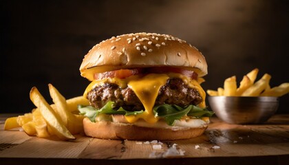 Fresh tasty burger, melting cheese, fries, wood table, food photography, blurred background