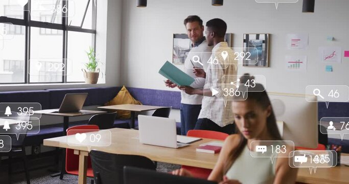 Animation of multiple notification bars over diverse coworkers discussing while walking in office