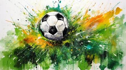 Soccer ball on the background of watercolor splashes.  AI Generative.