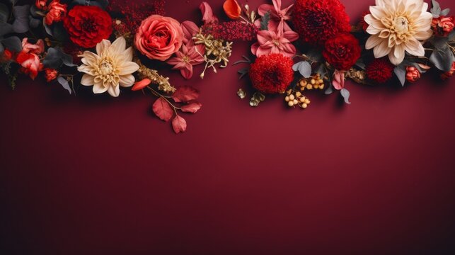 Assortment of white, pink and red flowers - daisies, chrysanthemums, peonies, roses, gerbera on a seamless dark red burgundy background making a border. Top view. Flat lay. Copy space for text