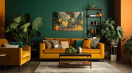 Living Room Enhanced by Comfortable Furniture and a Vibrant Potted Plant Against Green Walls,