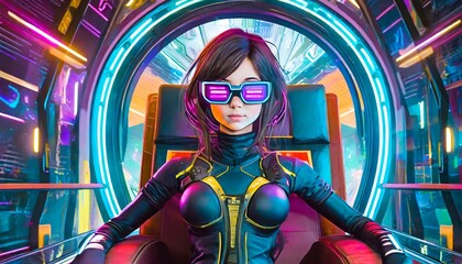 Girl with costume on futuristic chair with futuristic glasses