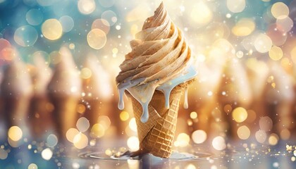 ice cream swirl cones, food art, pastel background with melting scoop and cone; flat lay