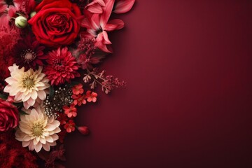 Assortment of white, pink and red flowers - daisies, chrysanthemums, peonies, roses, gerbera on a seamless dark red burgundy background making a border. Top view. Flat lay. Copy space for text