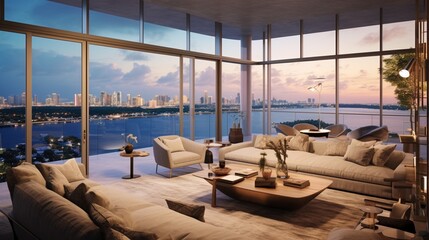 Fototapeta premium Miami Apartment with Captivating Views from Living Room to Kitchen, Framed by Floor-to-Ceiling Windows,