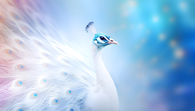 White peacock on blurred bluel background.