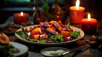 Mouthwatering Salad Combination of Roast Yams, Nuts, and Pomegranate over a Greens, Placed with Charming Rustic candles on a green surface,