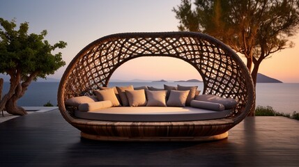 Outdoor Bliss on Lounge Sofa Furniture at a Luxury Hotel, - obrazy, fototapety, plakaty