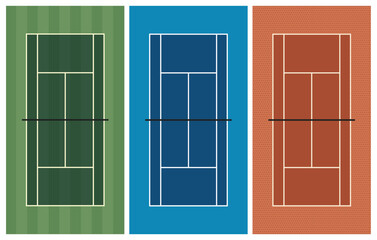 Tennis courts vector background. Top view of grass, hard and clay court texture. Set of different tennis court surface illustrations. - obrazy, fototapety, plakaty