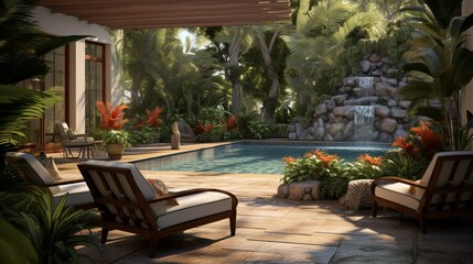 Peaceful Atmosphere of a Residential Pool Patio,