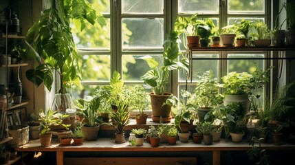 Plants Positioned Against the Window, Creating a Relaxing Ambiance, - obrazy, fototapety, plakaty