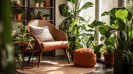 Fototapeta na wymiar Plants on a stylish stand Gracing a Decorated Living Room Corner,