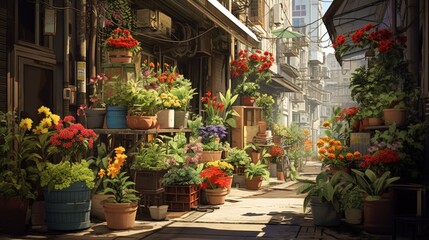 Fototapeta na wymiar Potted Plants Beautifying the Streets and Adding Life to the Cityscape,