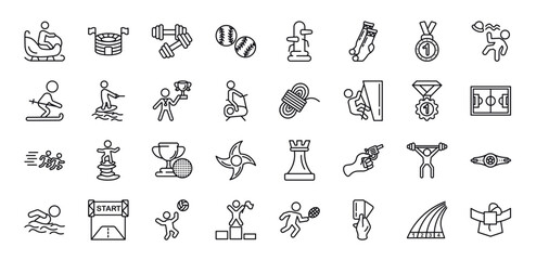 Fototapeta na wymiar outline icons set from sports concept. editable vector such as person riding on sleigh, estadio, dumbbell for training, golf champion, amonestation, running track, mawashi icons.