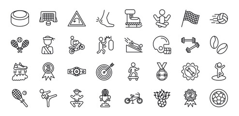 Fototapeta na wymiar outline icons set from sports concept. editable vector such as hockey puck, hockey goal, left bend, champion belt, soccer football ball, second prize, football ball circular icons.