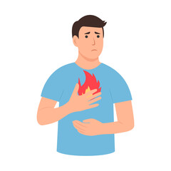 Man having heartburn symptom.  Fire burning at chest area. Gastritis and acid reflux, stomach upset and stomach pain problems. Flat vector illustration.